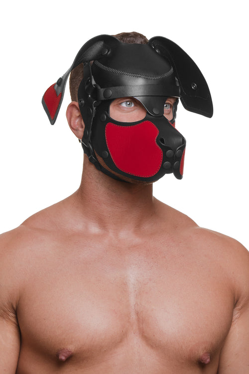 Model wearing a black and red leather pup mask and head harness three quarter view