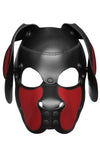 Product photo of a black and red leather pup mask with floppy ears front view