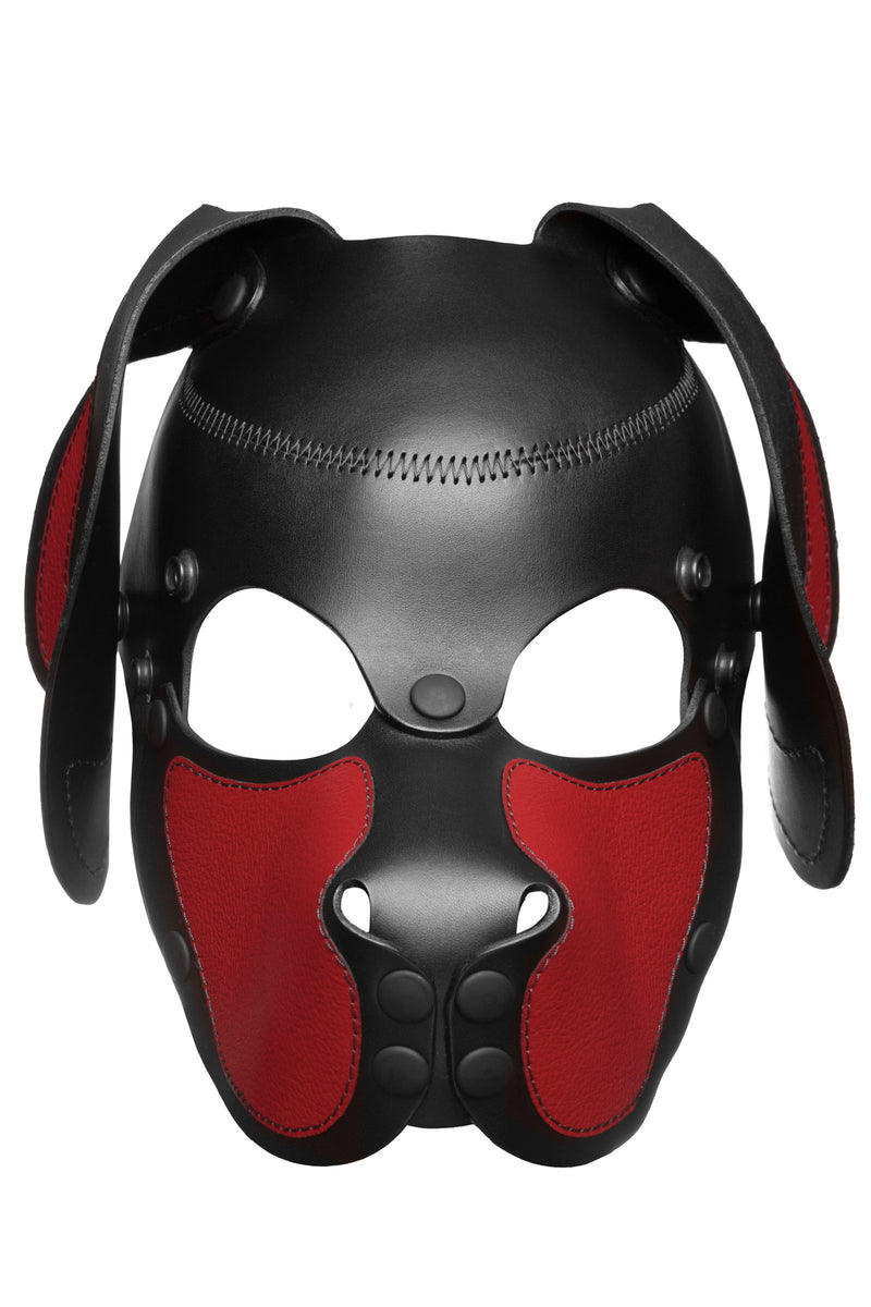 Product photo of a black and red leather pup mask with floppy ears front view