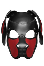Product photo of a black and red leather pup mask with floppy ears front view