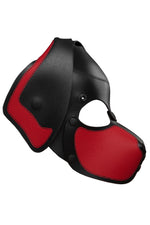 Product photo of a black and red leather pup mask with floppy ears side view
