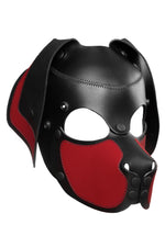 Product photo of a black and red leather pup mask with floppy ears three quarter view