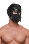 Model wearing a black leather pup mask and head harness with stainless steel hardware three quarter view