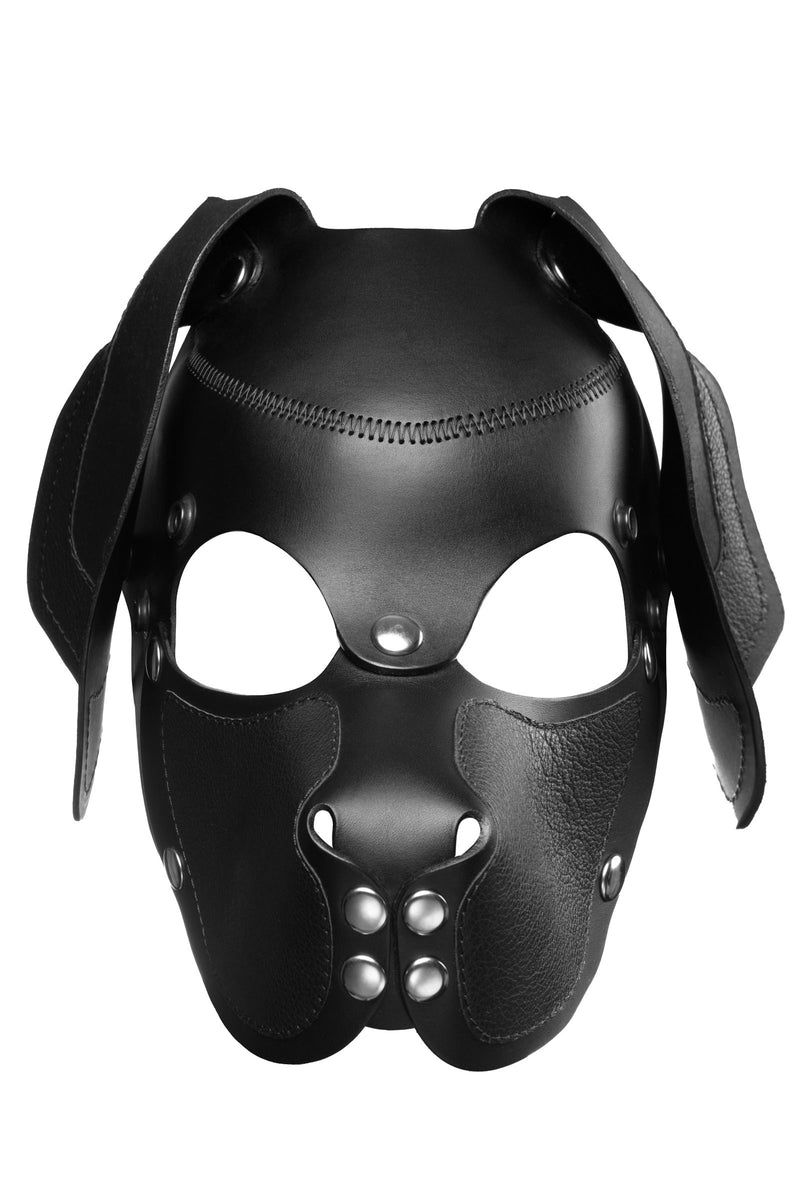 Product photo of a black leather pup mask with floppy ears and stainless steel hardware front view
