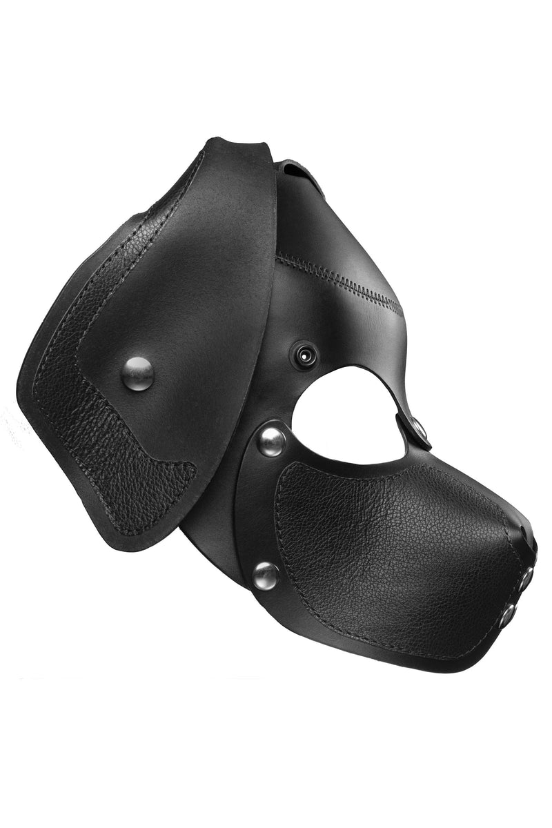 Product photo of a black leather pup mask with floppy ears and stainless steel hardware side view