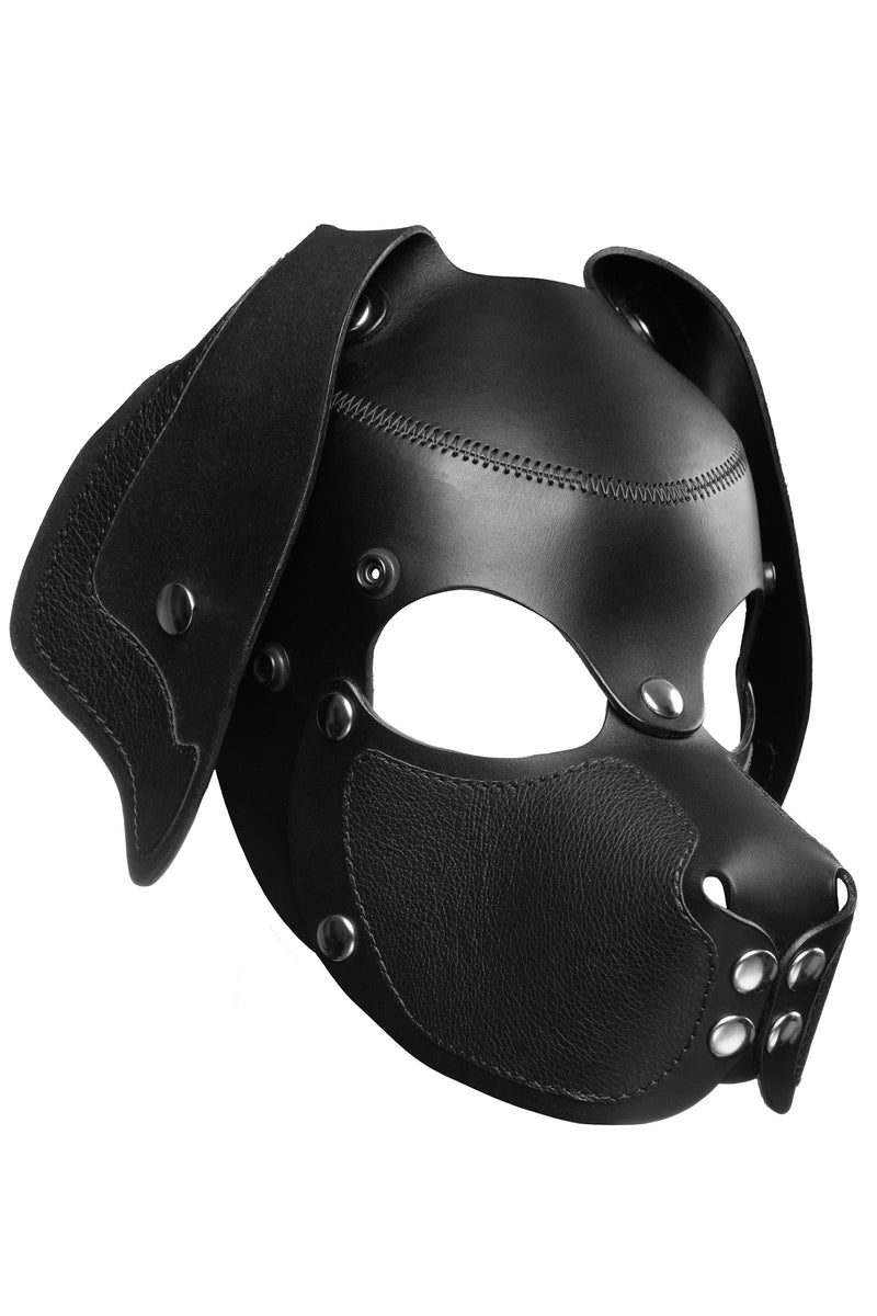 Product photo of a black leather pup mask with floppy ears and stainless steel hardware three quarter view