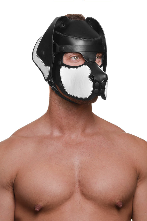 Model wearing a black and white leather pup mask and head harness three quarter view