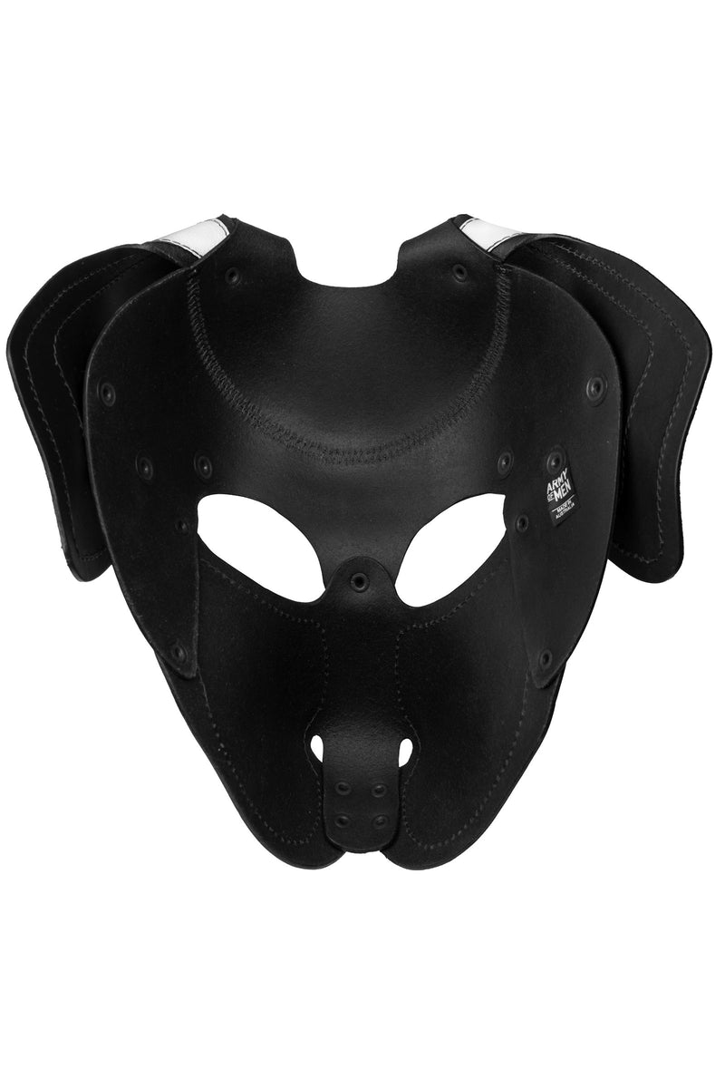 Product photo of a black and white leather pup mask with floppy ears back view