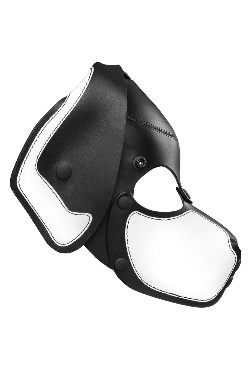 Product photo of a black and white leather pup mask with floppy ears side view