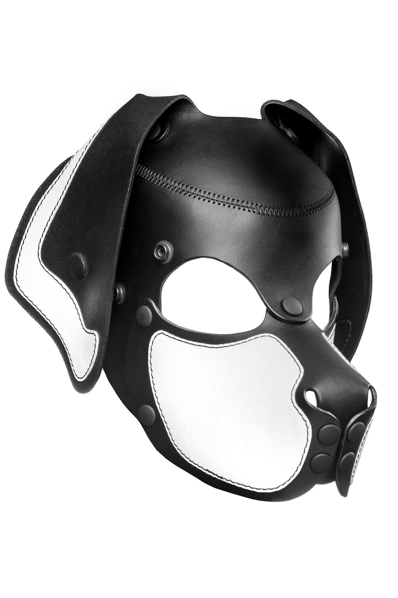 Product photo of a black and white leather pup mask with floppy ears three quarter view