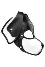 Product photo of a black and white leather pup mask with floppy ears and stainless steel hardware side view