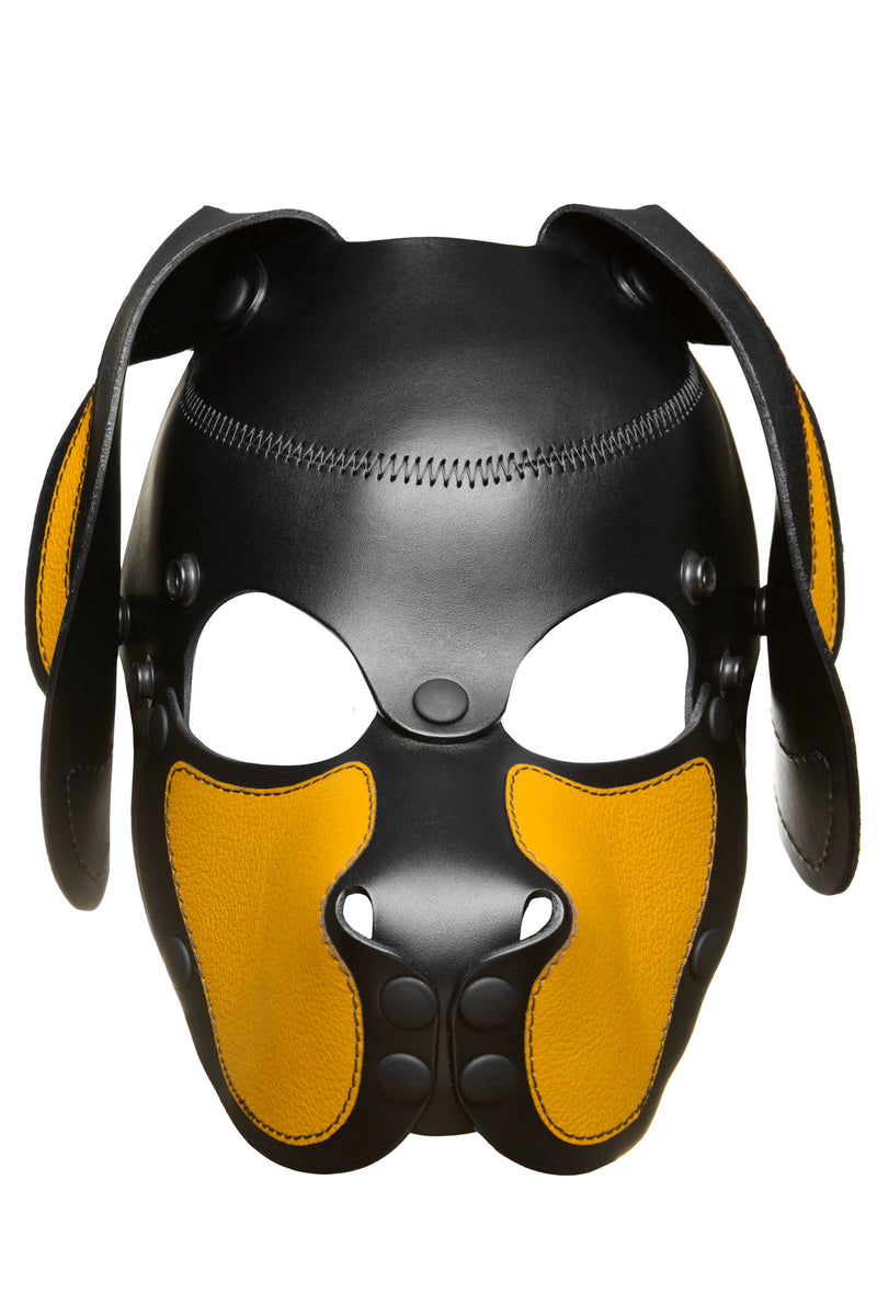 Product photo of a black and yellow leather pup mask with floppy ears front view