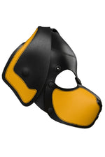 Product photo of a black and yellow leather pup mask with floppy ears side view