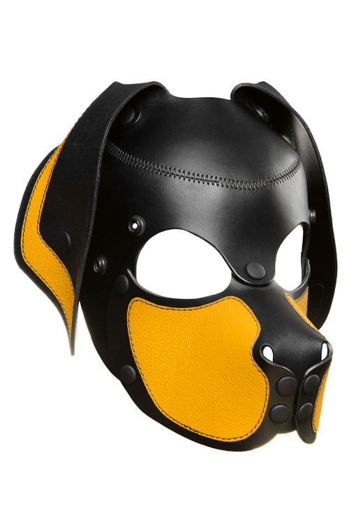 Product photo of a black and yellow leather pup mask with floppy ears three quarter view
