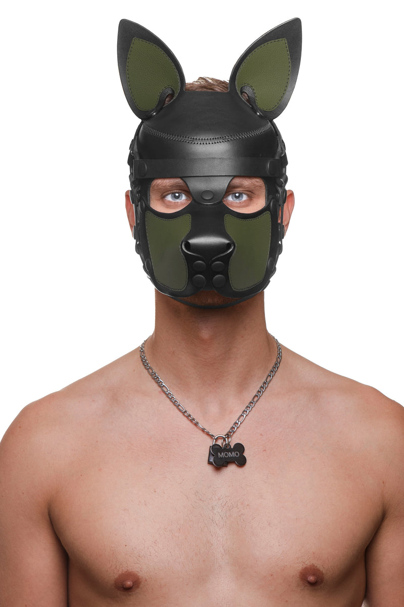 Model wearing a black and army green leather pup mask and head harness front view