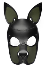 Product photo of a black and army green leather pup mask with pointy ears front view