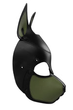 Product photo of a black and army green leather pup mask with pointy ears side view