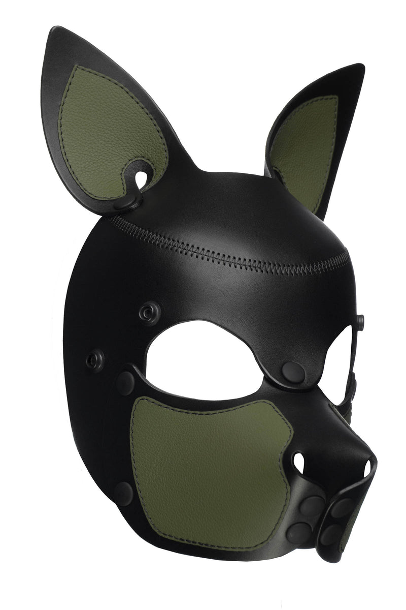 Product photo of a black and army green leather pup mask with pointy ears three quarter view