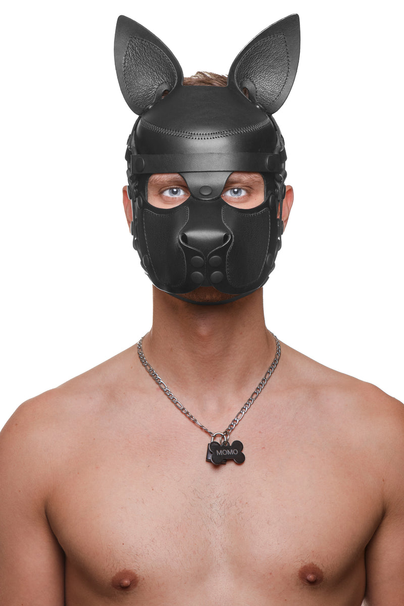 Model wearing a black leather pup mask and head harness front view