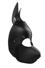 Product photo of a black leather pup mask with pointy ears side view
