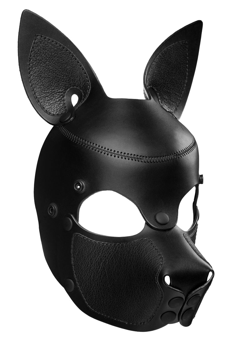 Product photo of a black leather pup mask with pointy ears three quarter view