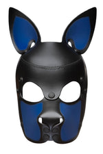Product photo of a black and blue leather pup mask with pointy ears front view
