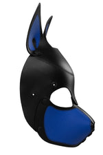Product photo of a black and blue leather pup mask with pointy ears side view