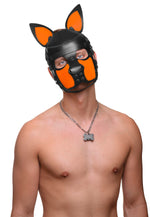 Model wearing a black and fluro orange leather pup mask and head harness front view