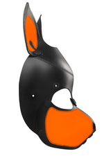 Product photo of a black and fluro orange leather pup mask with pointy ears side view