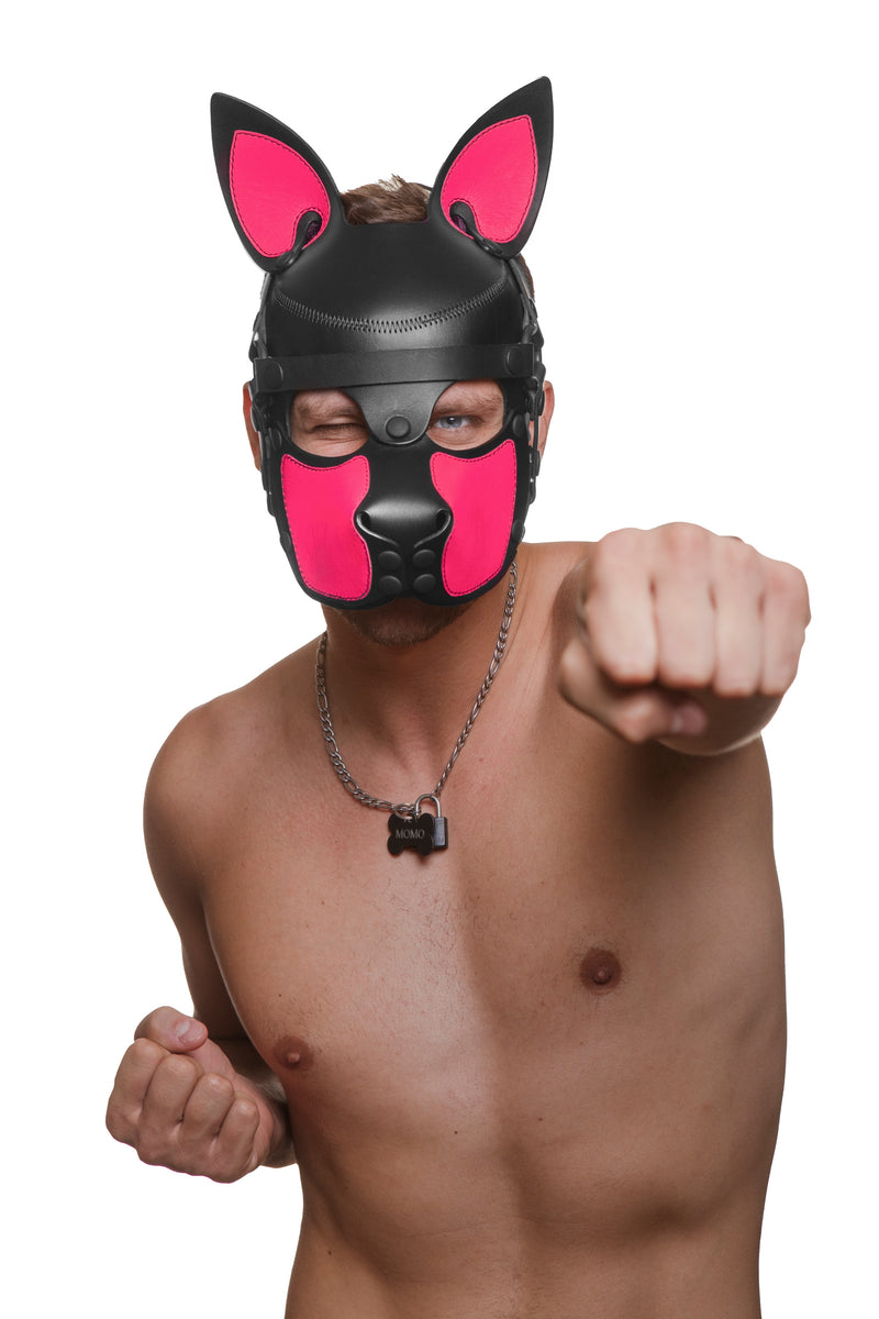 Model wearing a black and fluro pink leather pup mask and head harness front view