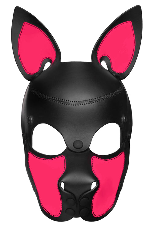 Product photo of a black and fluro pink leather pup mask with pointy ears front view