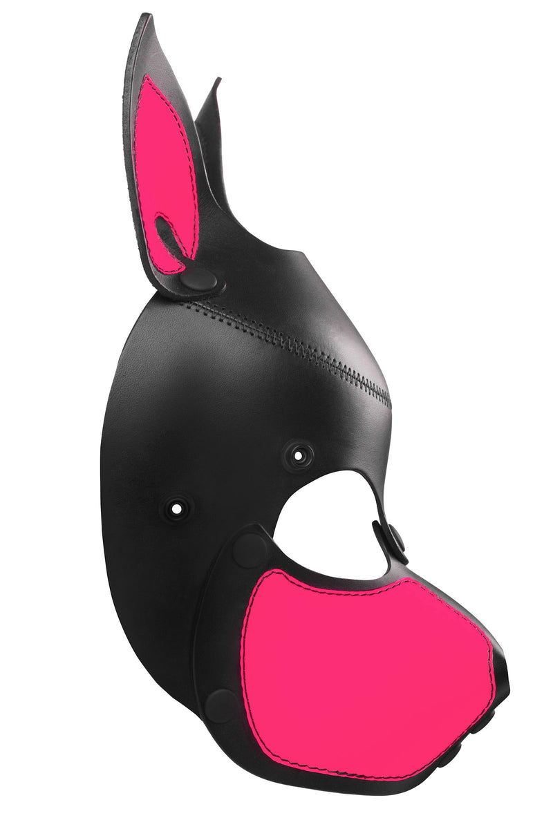 Product photo of a black and fluro pink leather pup mask with pointy ears side view