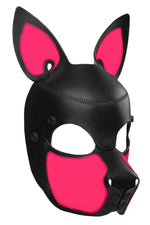 Product photo of a black and fluro pink leather pup mask with pointy ears three quarter view