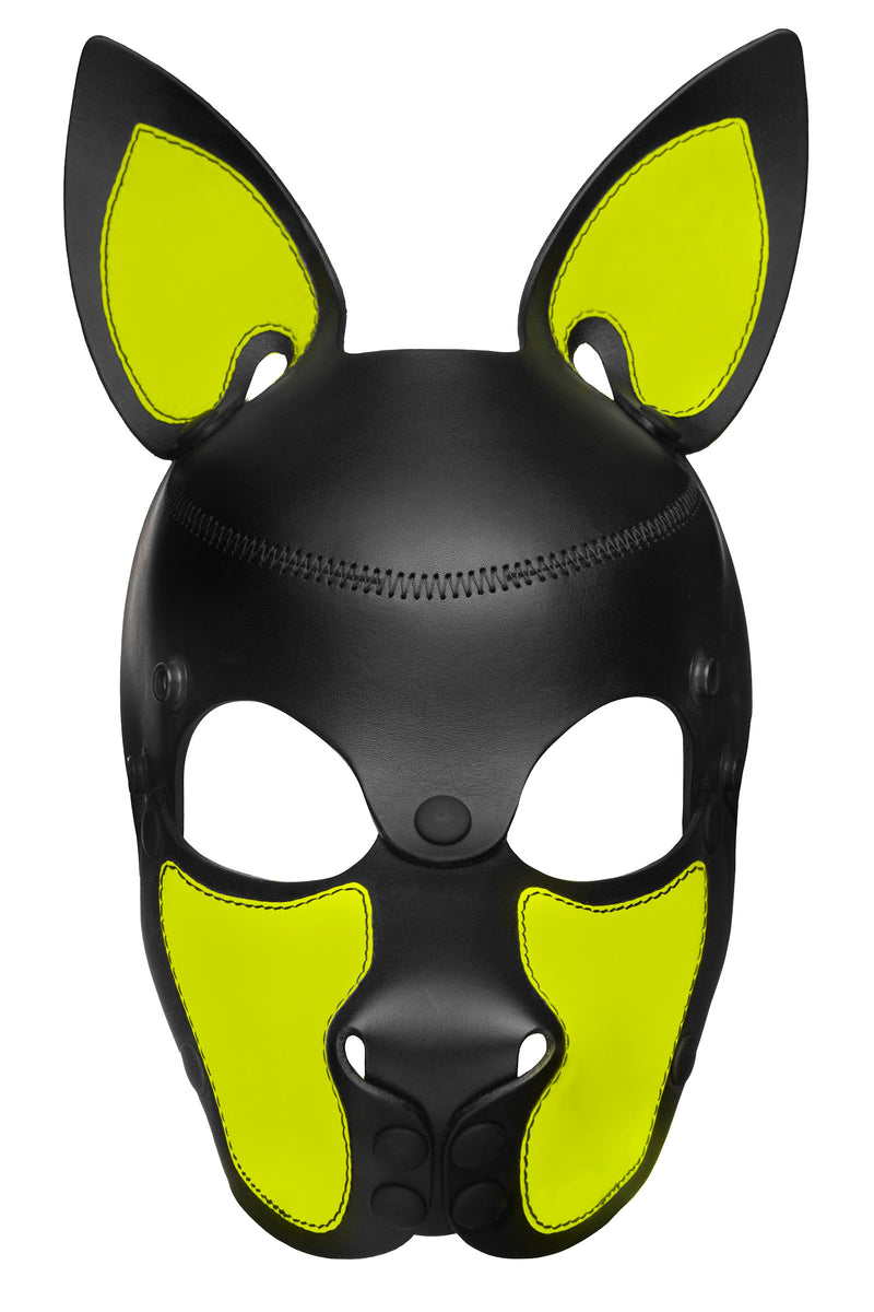 Product photo of a black and fluro yellow leather pup mask with pointy ears front view