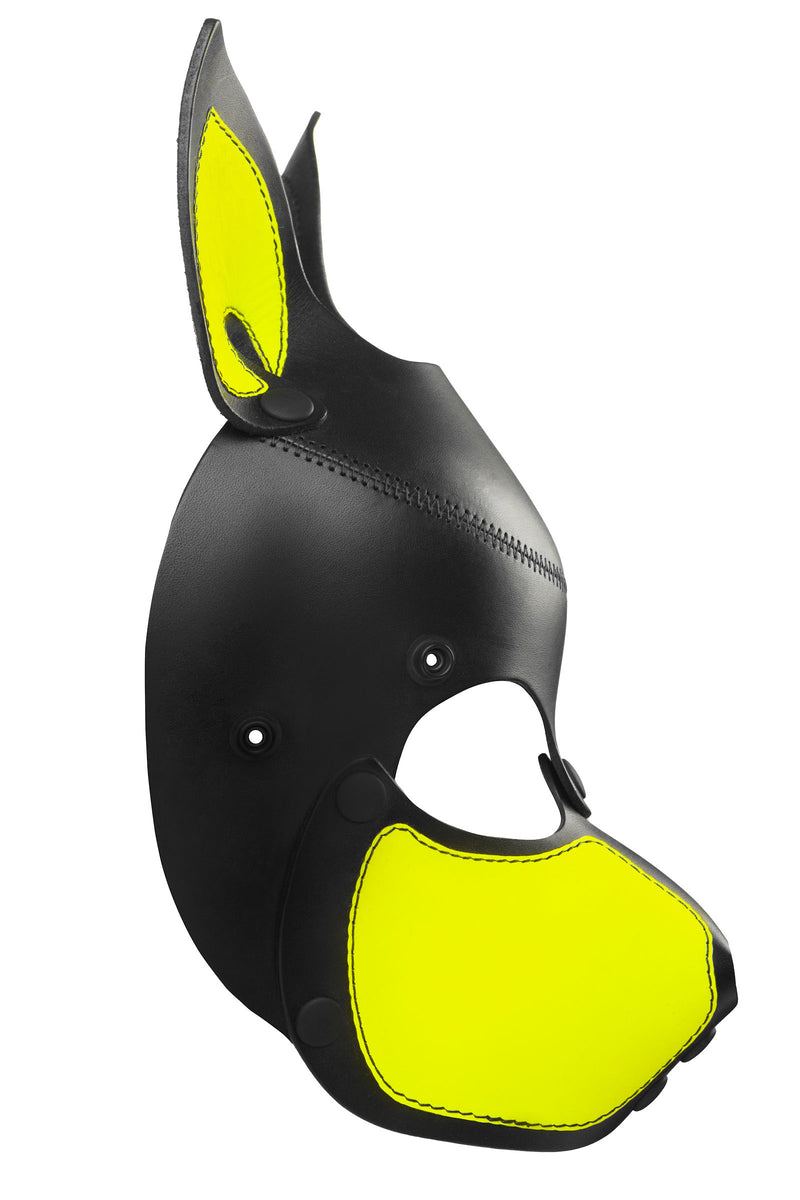 Product photo of a black and fluro yellow leather pup mask with pointy ears side view