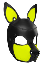 Product photo of a black and fluro yellow leather pup mask with pointy ears three quarter view