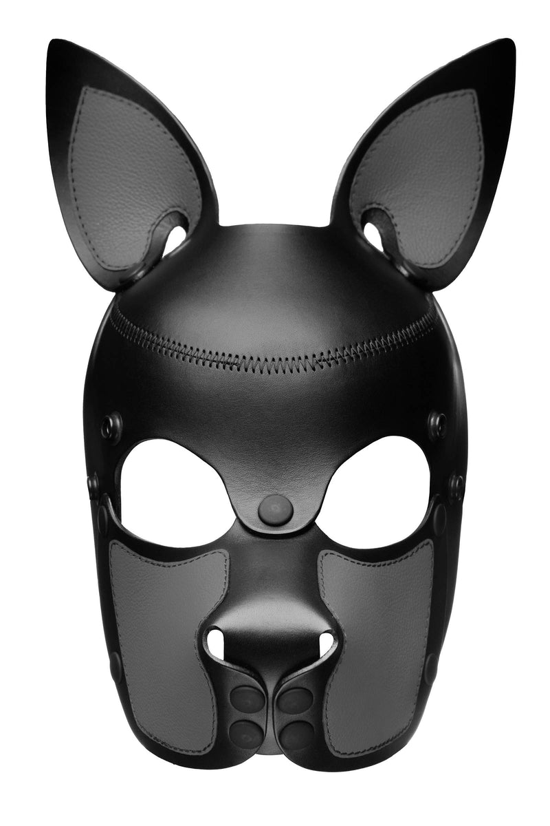 Product photo of a black and grey leather pup mask with pointy ears front view