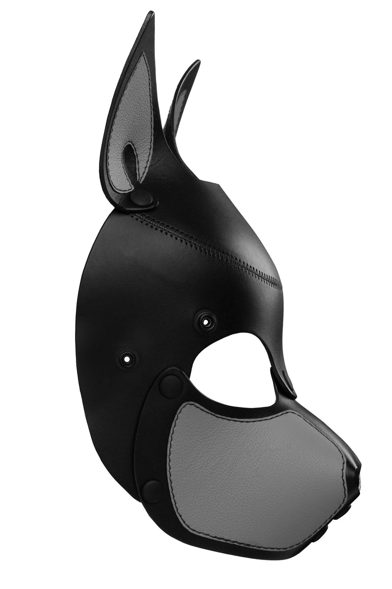 Product photo of a black and grey leather pup mask with pointy ears side view