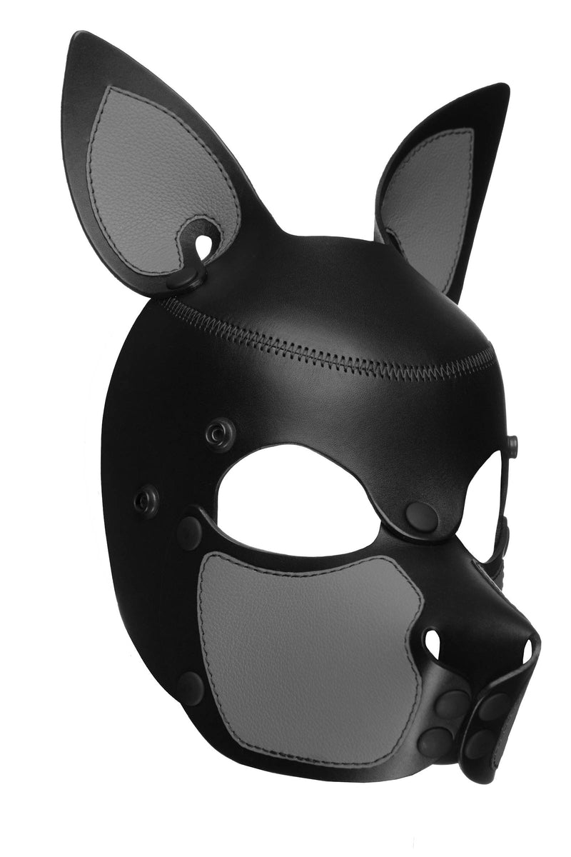 Product photo of a black and grey leather pup mask with pointy ears three quarter view