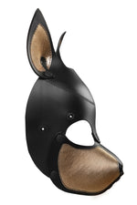 Product photo of a black and metallic gold leather pup mask with pointy ears side view