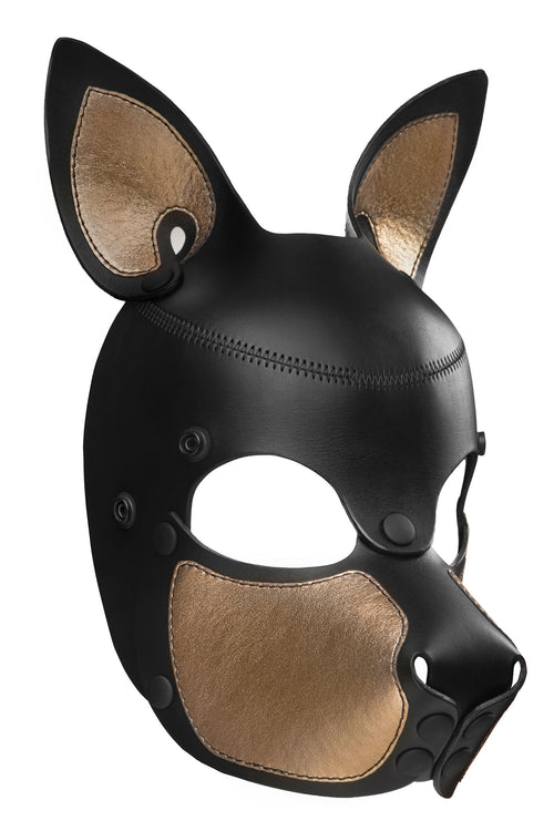 Product photo of a black and metallic gold leather pup mask with pointy ears three quarter view
