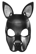 Product photo of a black and metallic silver leather pup mask with pointy ears front view