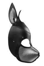 Product photo of a black and metallic silver leather pup mask with pointy ears side view