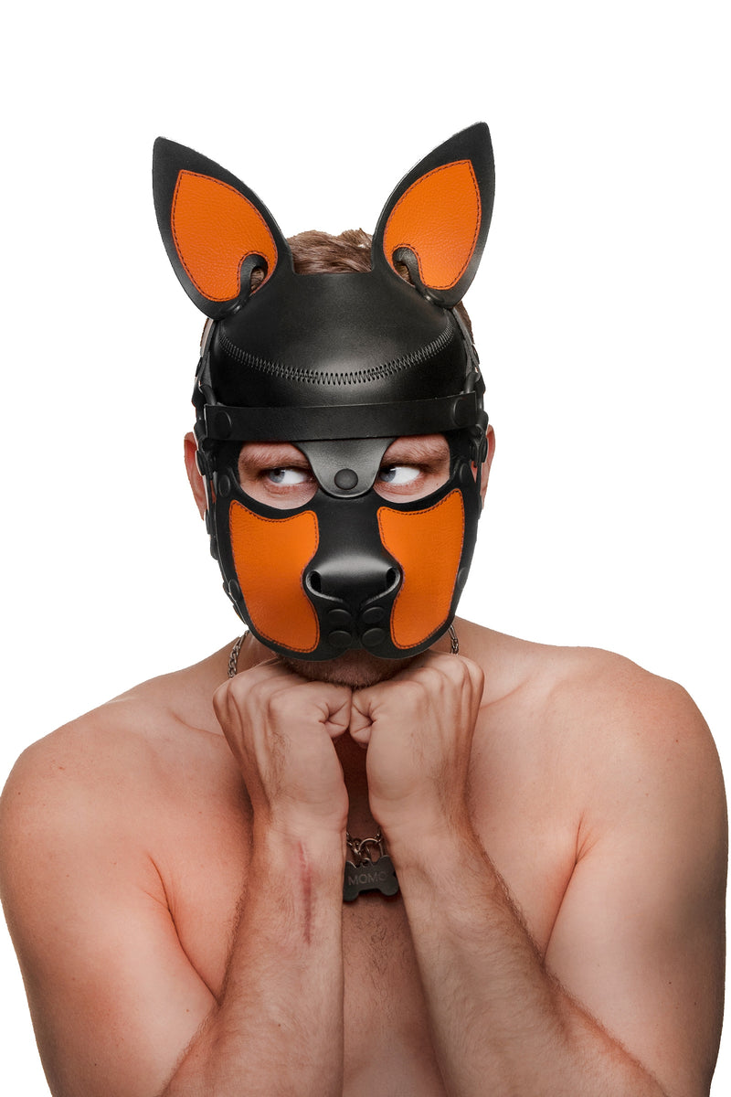 Model wearing a black and orange leather pup mask and head harness front view