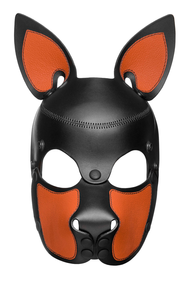 Product photo of a black and orange leather pup mask with pointy ears front view