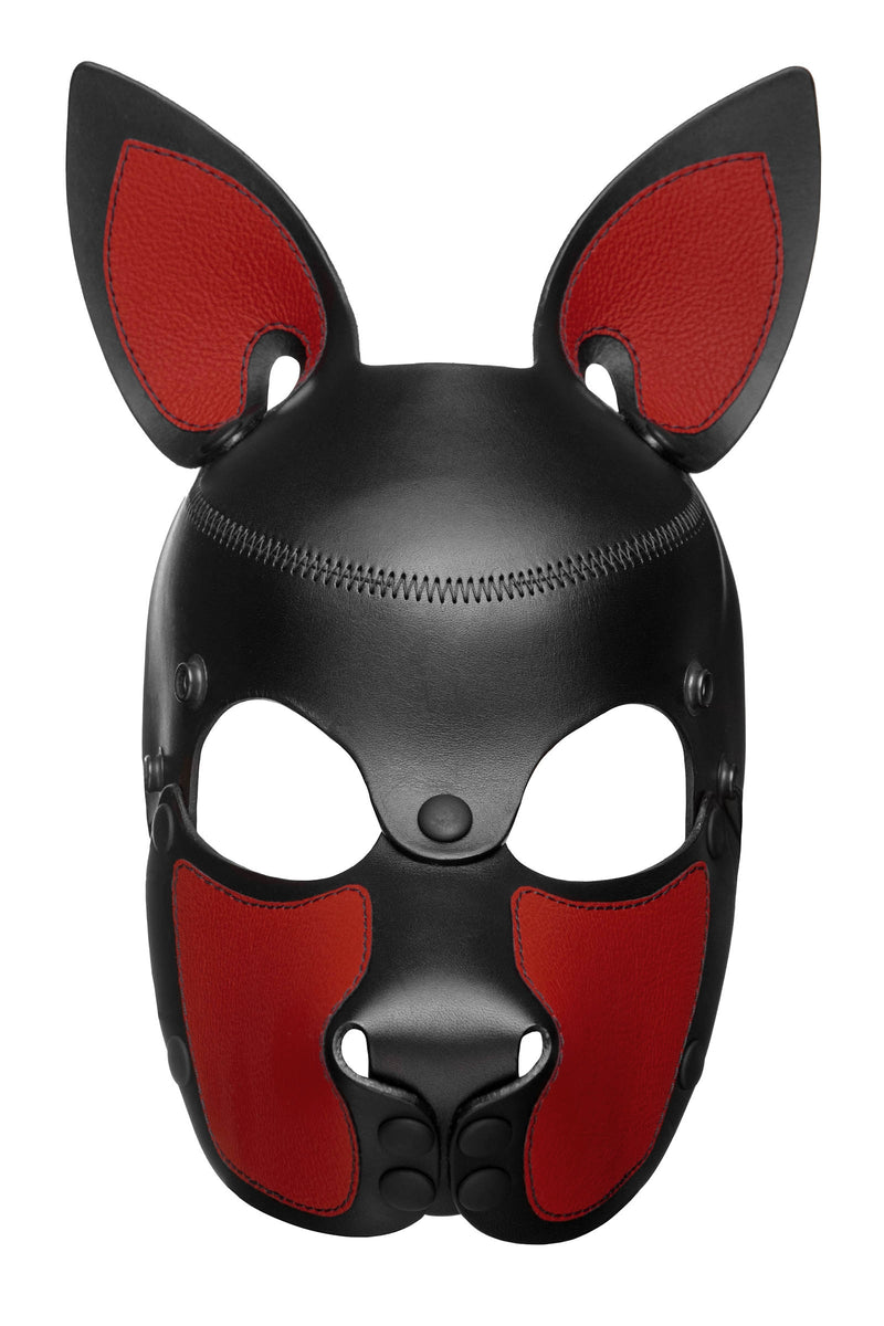 Product photo of a black and red leather pup mask with pointy ears front view