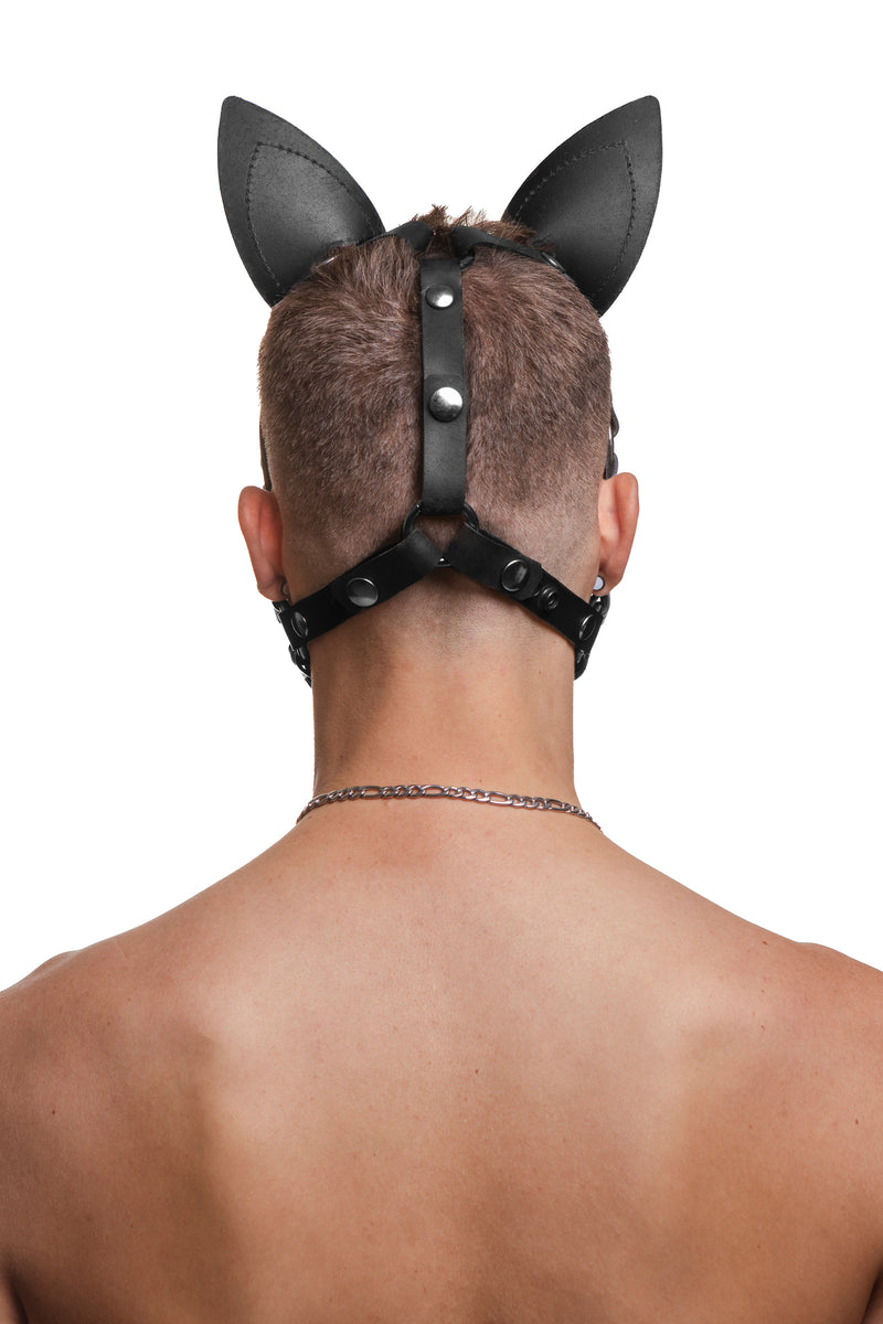 Model wearing a black leather pup mask and head harness with stainless steel hardware back view