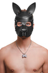 Model wearing a black leather pup mask and head harness with stainless steel hardware front view
