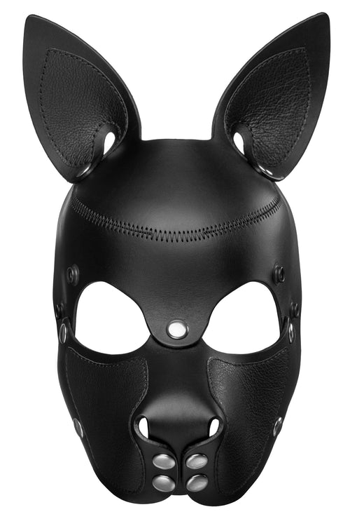 Product photo of a black leather pup mask with pointy ears and stainless steel hardware front view