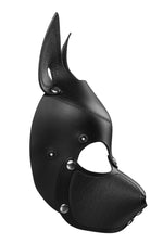 Product photo of a black leather pup mask with pointy ears and stainless steel hardware side view